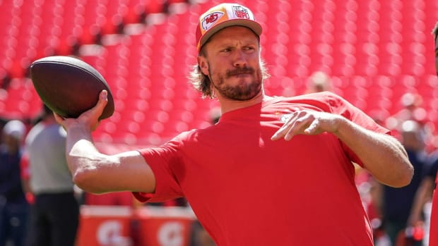 Kansas City Chiefs quarterback Blaine Gabbert throws a pass in warmups before a game.
